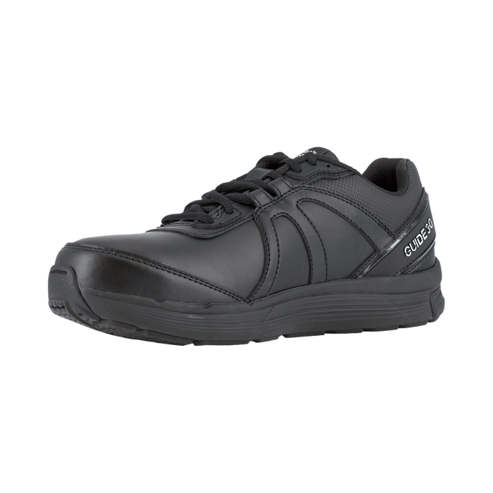 Reebok Work Guide Work Steel Toe work shoes in black leather with padded collar and durable outsole, side view