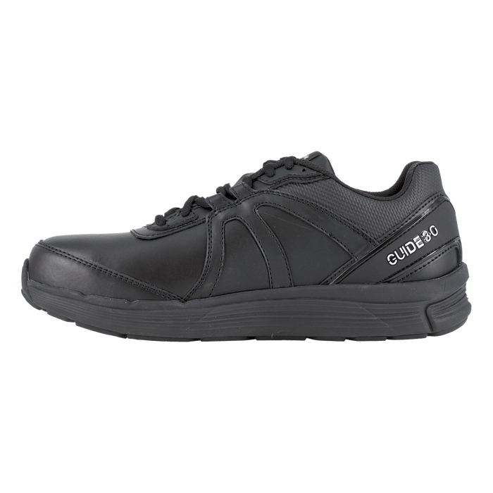 Reebok Work Guide Work Steel Toe work shoes in black with leather upper, mesh inserts, and steel toe protection, side view.