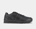 Reebok Work Guide Work shoes in all-black leather with mesh accents and slip-resistant outsole, side view.