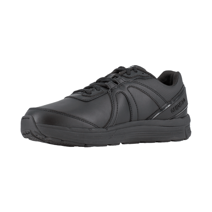 Reebok Work Guide Work black work shoes with durable leather upper, cushioned sole, and slip-resistant outsole, angled side view.