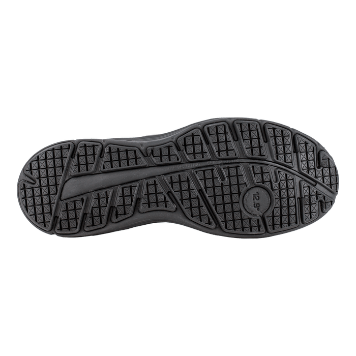 Reebok Work Guide Work shoes outsole in black featuring slip-resistant tread pattern and durable rubber material, bottom view.