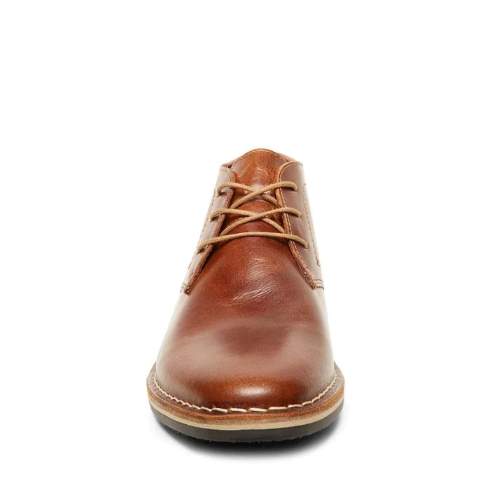 Steve Madden Harken shoes in brown leather with tan laces and stitched detailing, front view.