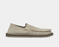 Sanuk Hemp casual shoes in natural beige hemp material with a frayed edge design and a brown rubber sole, side view.
