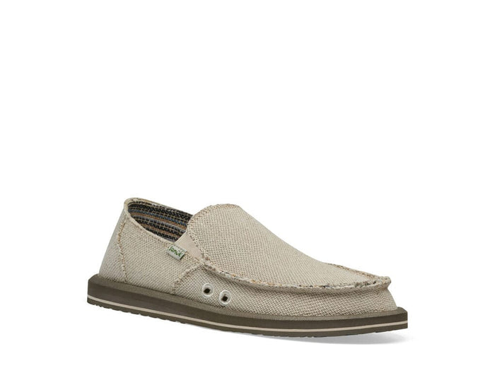 Sanuk Hemp casual slip-on shoes in natural beige hemp fabric with moc toe stitching and a lightweight brown sole, side view.