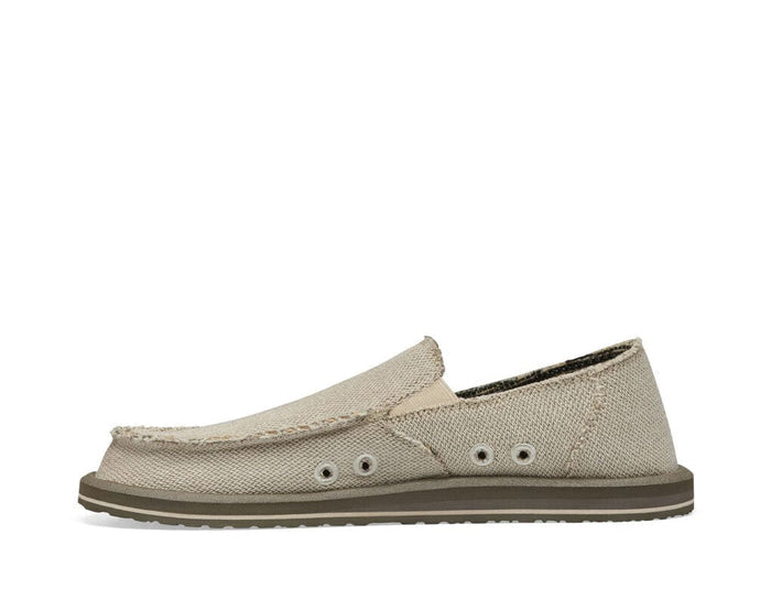 Sanuk Hemp casual slip-on shoes in natural beige hemp fabric with frayed edges and dual elastic gore panels, side view.