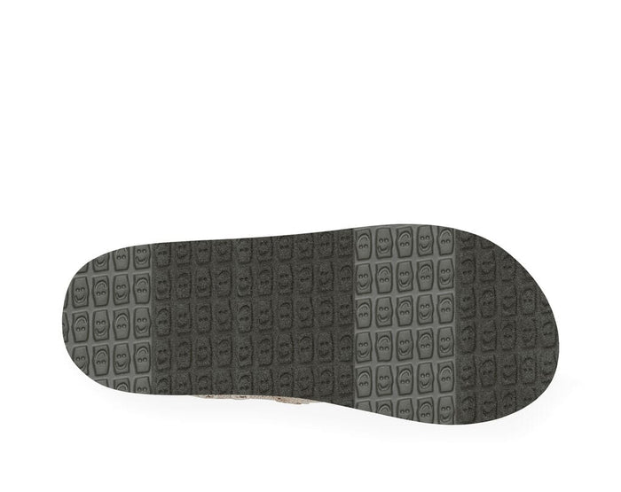 Sanuk Hemp shoe sole showing textured rubber outsole with unique smiley face patterns in dark gray.