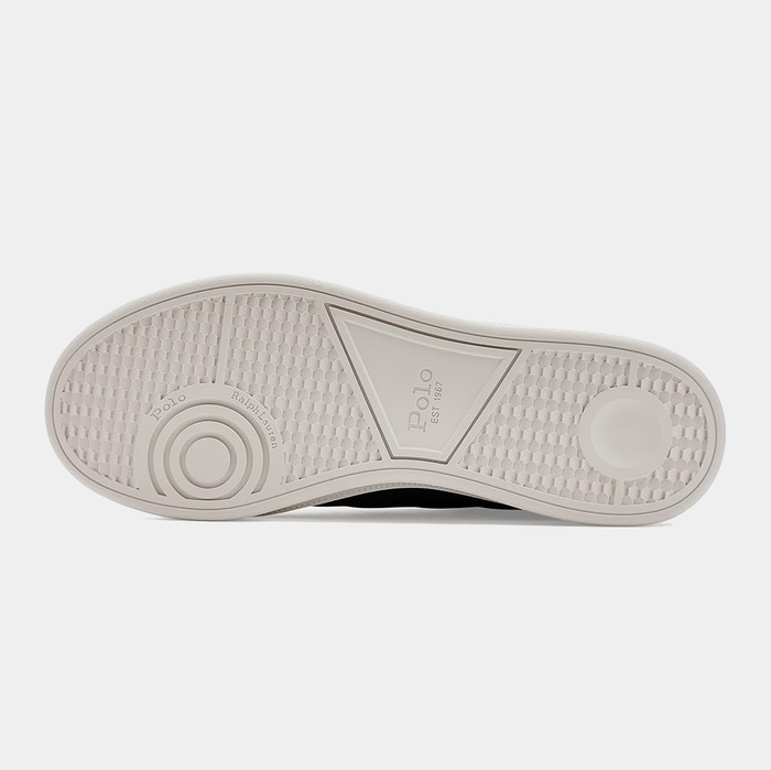 Polo Ralph Lauren Heritage Court II Leather shoes, outsole view showing textured rubber pattern and embossed Polo logo in white.