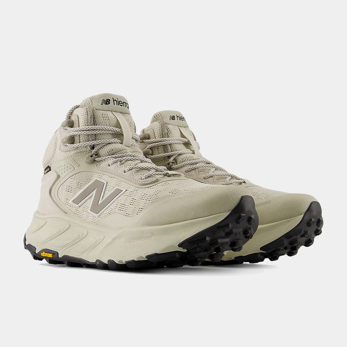 New Balance Hierro Hiker hiking boots in beige with mesh upper, Vibram outsole, and Fresh Foam midsole, front angled view