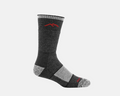 Darn Tough Hiker Boot Midweight Hiking Sock in dark gray with reinforced heel and toe, side view showing red logo and ribbed cuff.