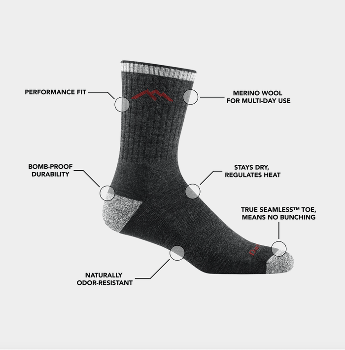 Darn Tough Hiker Micro Crew Cushion socks in charcoal gray with merino wool, seamless toe, and reinforced heel and toe, side view