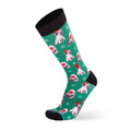 Tall Order Holiday Pugs Extra Cushioned socks, green with festive pug and snowflake pattern, black cuff, heel, and toe, side view.