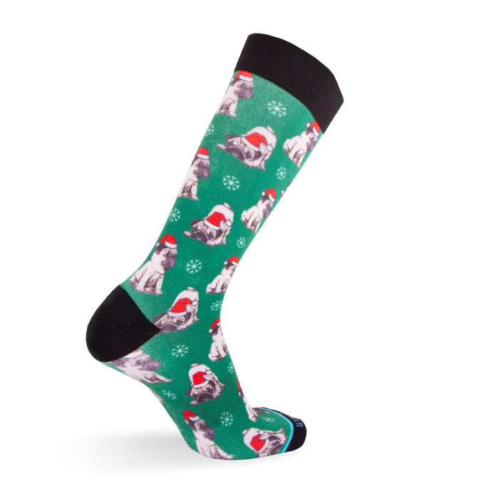 Tall Order Holiday Pugs Extra Cushioned socks with green background, festive pug graphics wearing Santa hats, and black accents, side view.