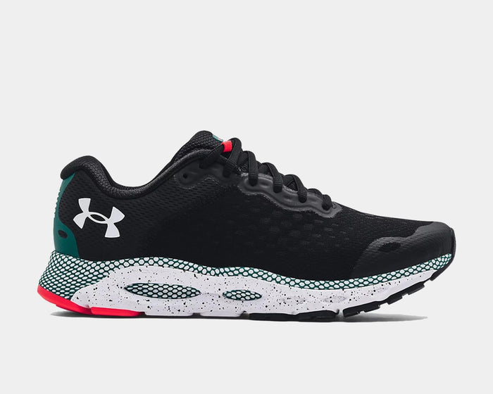 Under Armour HOVR™ Infinite 3 running shoes in black with white-speckled midsole, teal accents, and breathable mesh upper, side view.