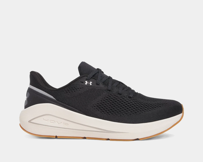 Under Armour HOVR™ Sonic 7 running shoes in black with breathable mesh upper, white midsole, and gum rubber outsole, side view.