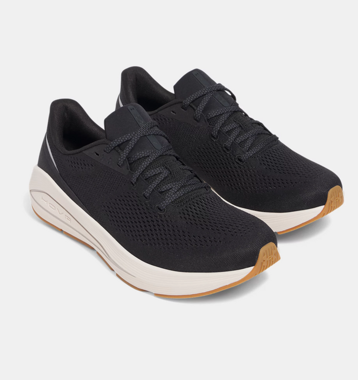 Under Armour HOVR™ Sonic 7 running shoes, black with breathable mesh upper, white midsole, and gum rubber outsole, angled front view.