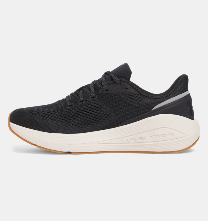 Under Armour HOVR™ Sonic 7 running shoes with a black knit upper, white cushioned midsole, and gum outsole, side view.
