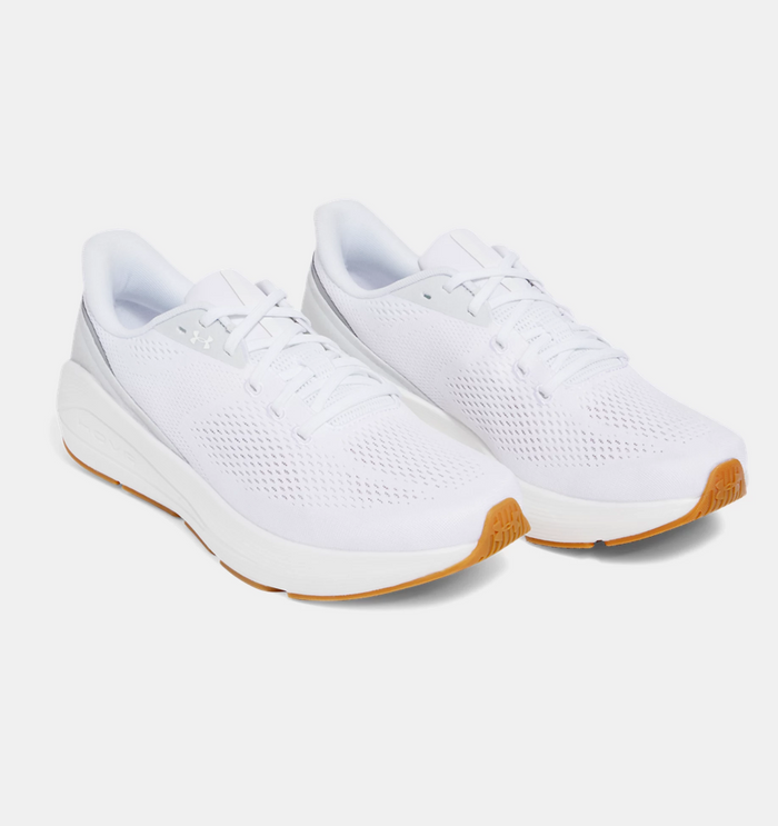 Under Armour HOVR™ Sonic 7 running shoes in white with breathable mesh upper, cushioned midsole, and gum rubber outsole, angled front view.