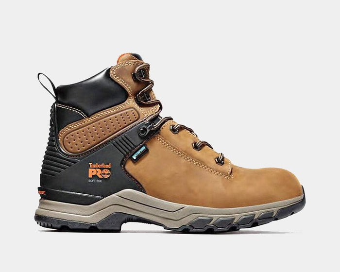 Timberland Pro Hypercharge 6" Soft Toe Work Boots in tan and black with waterproof leather and slip-resistant outsole, side view.
