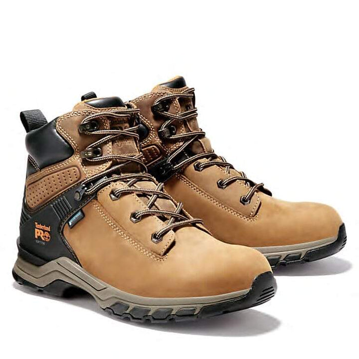 Timberland Pro Hypercharge 6" Soft Toe Work Boots in tan leather with reinforced heel, cushioned sole, and durable laces, front-side angle.