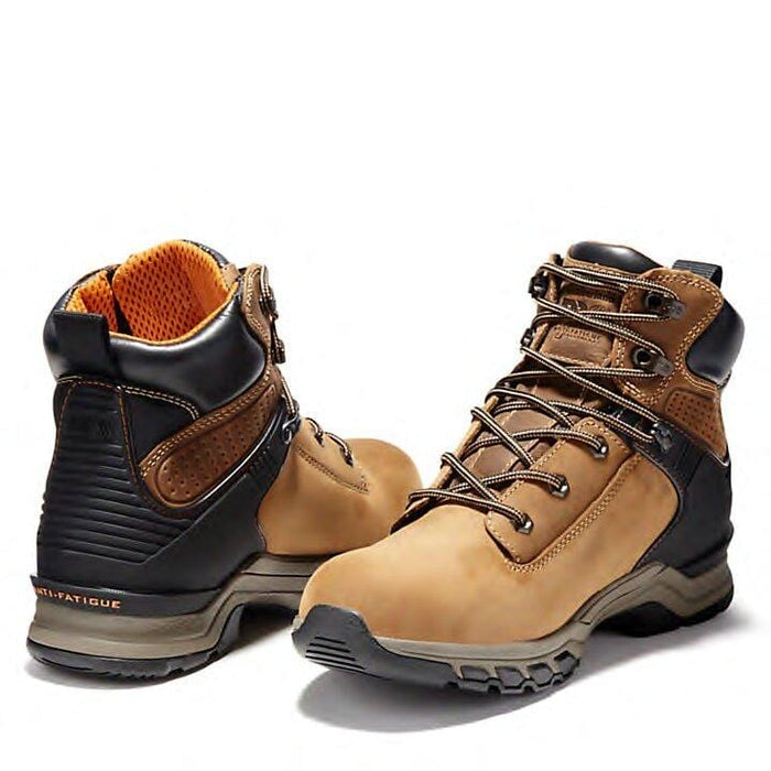 Timberland Pro Hypercharge 6" Soft Toe Work Boots in tan and black with leather upper, anti-fatigue technology, and durable outsole.