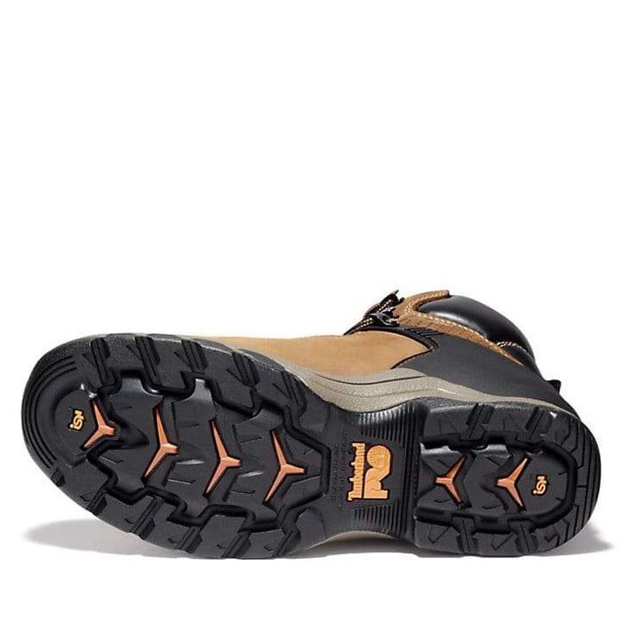 Timberland Pro Hypercharge 6" Soft Toe Work Boots outsole, featuring slip-resistant tread with orange accents in black rubber.