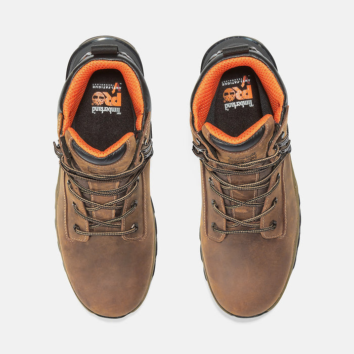 Timberland Pro Hypercharge 6" Soft Toe Work Boots with brown leather upper, black collar, orange lining, and lace-up closure, top view.