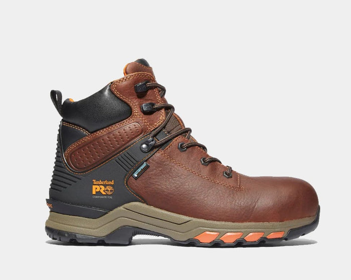 Timberland Pro Hypercharge 6" Waterproof Comp Toe Work Boots in brown leather with black accents, side view showing rugged sole and reinforced toe.