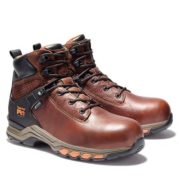Timberland Pro Hypercharge 6" Waterproof Comp Toe Work Boots, brown leather with reinforced toe, lace-up design, and rugged outsole, angled front view.