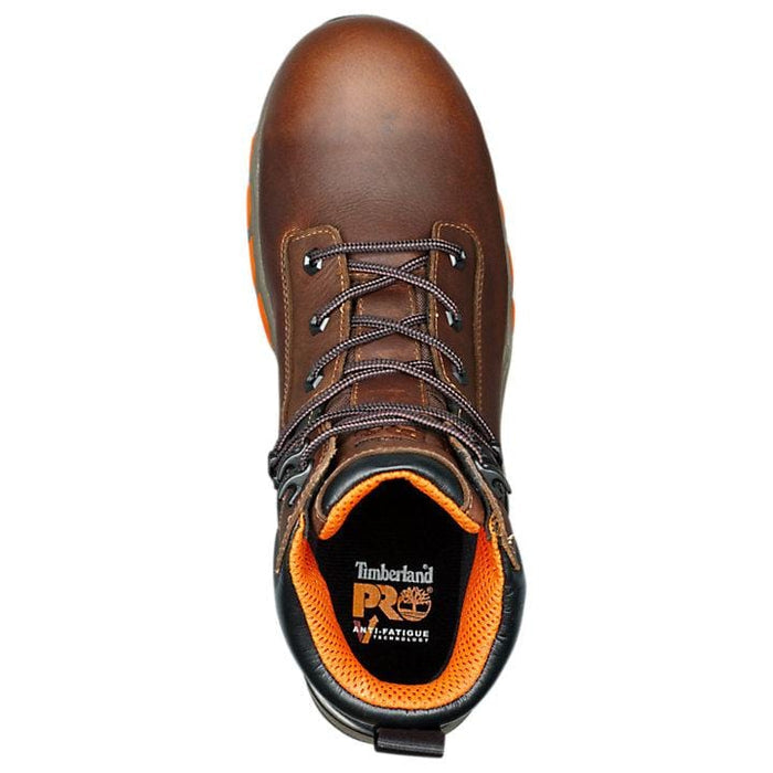 Timberland Pro Hypercharge 6" Waterproof Comp Toe Work Boots top view showing brown leather upper, lace-up design, and orange padded interior.