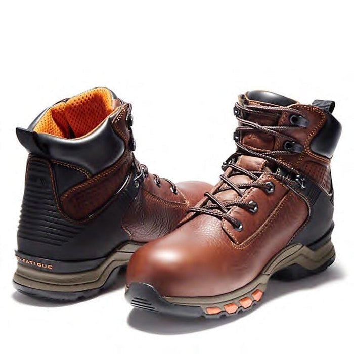 Timberland Pro Hypercharge 6" Waterproof Comp Toe Work Boots in brown leather with black accents and orange details, front and back view.