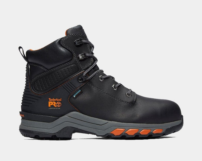 Timberland Pro Hypercharge 6" Waterproof Comp Toe Work Boots, black leather upper with orange accents and durable sole, side view.