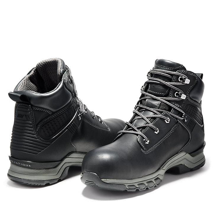 Timberland Pro Hypercharge 6" Waterproof Comp Toe Work Boots in black leather with gray sole and lace-up closure, front and back view.