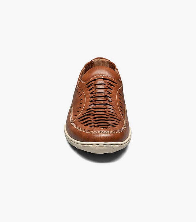 Stacy Adams Ibiza shoes in brown leather with intricate cutout design and white sole, front view.