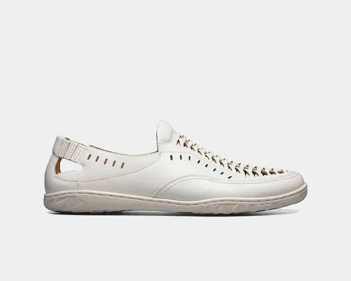 Stacy Adams Ibiza casual shoes in white leather featuring woven design, perforated accents, and rubber sole, side view.