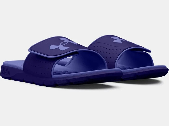 Under Armour Ignite 7 SL slides in dark purple with an adjustable foam strap and textured footbed, front angle view.