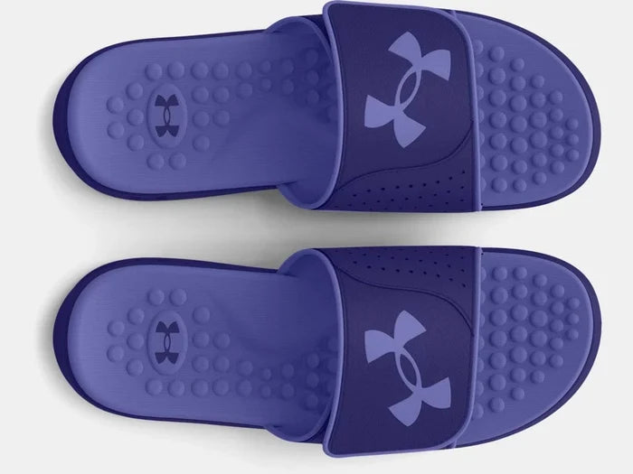 Under Armour Ignite 7 SL slides in purple with textured footbed and perforated strap, top view.