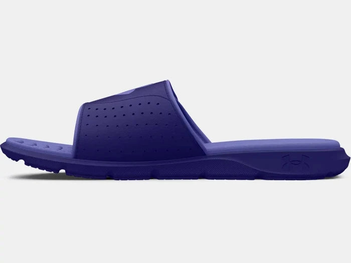 Under Armour Ignite 7 SL slide sandals in solid purple with perforated strap and cushioned footbed, side view.