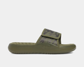 Under Armour Ignite Pro 8 Freedom Slides in olive green with a cushioned footbed and adjustable strap, side view.