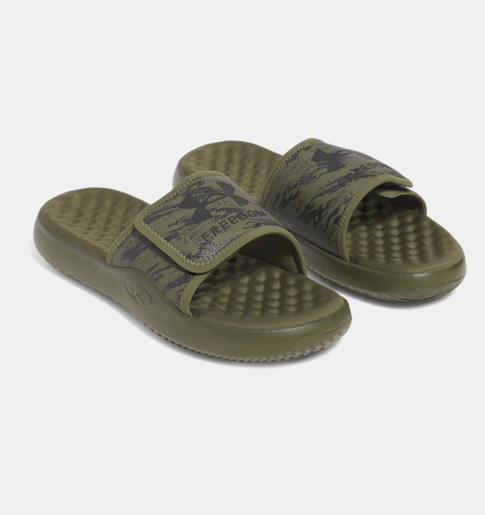 Under Armour Ignite Pro 8 Freedom slides in olive green with cushioned footbed and adjustable strap, angled front view.