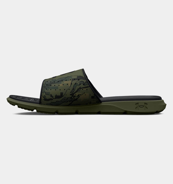 Under Armour Ignite Pro Freedom Slides in olive green and black, camo-print strap, contoured footbed, side view.