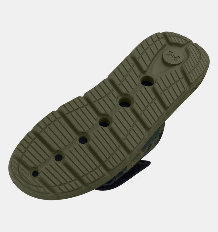 Under Armour Ignite Pro Freedom Slides outsole in olive green featuring textured grooves and drainage holes for enhanced grip and comfort.