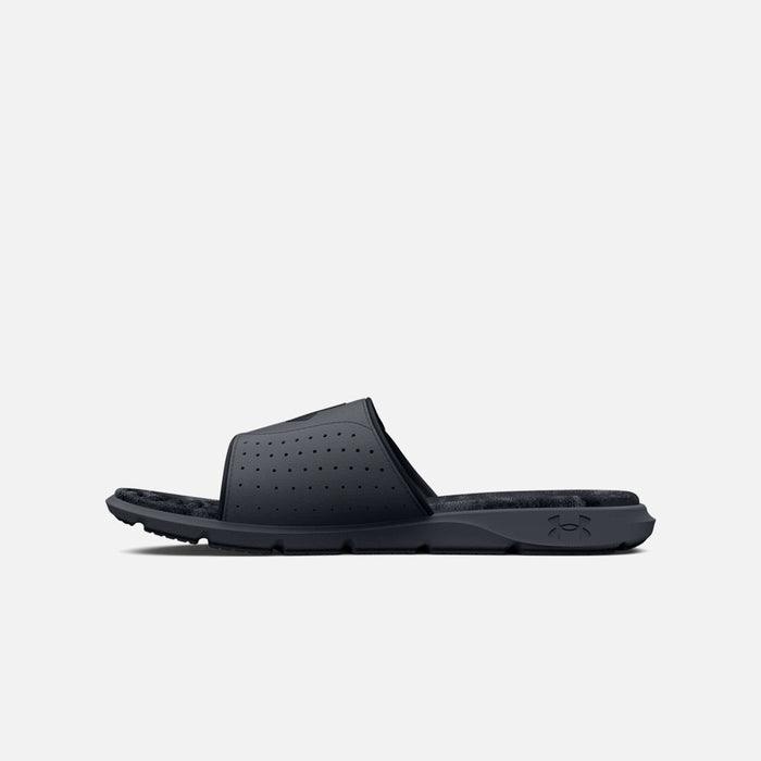 Under Armour Ignite Pro Graphic Strap Slides in black with textured foam footbed and perforated strap, side view.