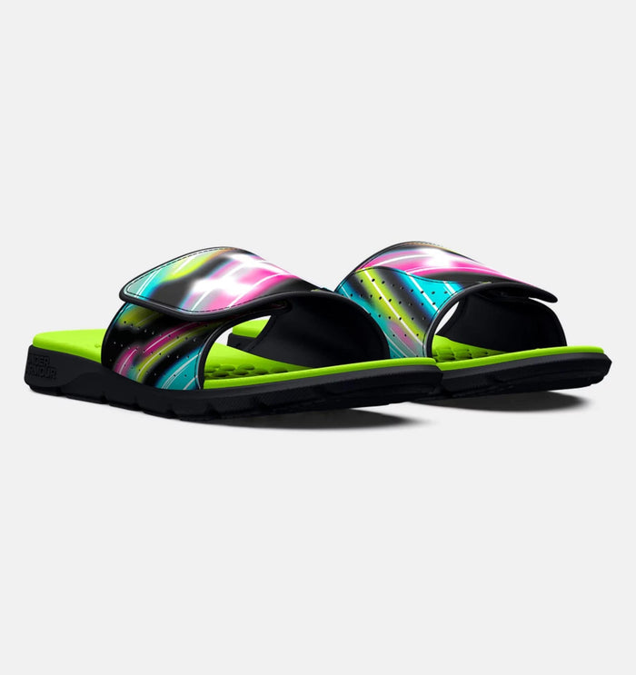Under Armour Ignite Pro Graphic Strap Slides with colorful graphic strap and lime green footbed, angled front view.
