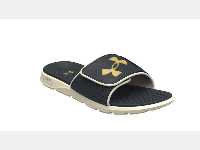 Under Armour Ignite Pro Olympus SL sandals in navy blue with gold logo, cushioned footbed and textured strap, angled side view.