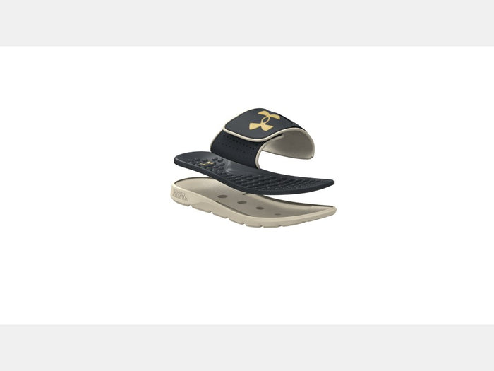 Under Armour Ignite Pro Olympus SL sandals in black and beige with gold logo and cushioned sole, exploded view showing layers.