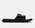 Under Armour Ignite Pro SL slides in black with white logo, adjustable strap, and textured footbed, side view.