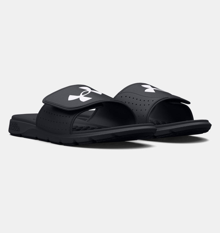 Under Armour Ignite Pro SL sandals in black with adjustable strap, perforated upper, and cushioned footbed, angled front view.