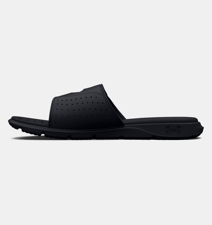 Under Armour Ignite Pro SL slide sandals in black with perforated strap and cushioned footbed, side view.