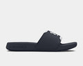 Under Armour Ignite Select sandals in navy blue with adjustable synthetic strap and foam footbed, side view.