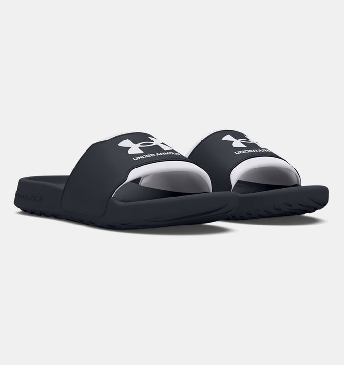 Under Armour Ignite Select slides in black with white logo on strap and cushioned footbed, front angled view.